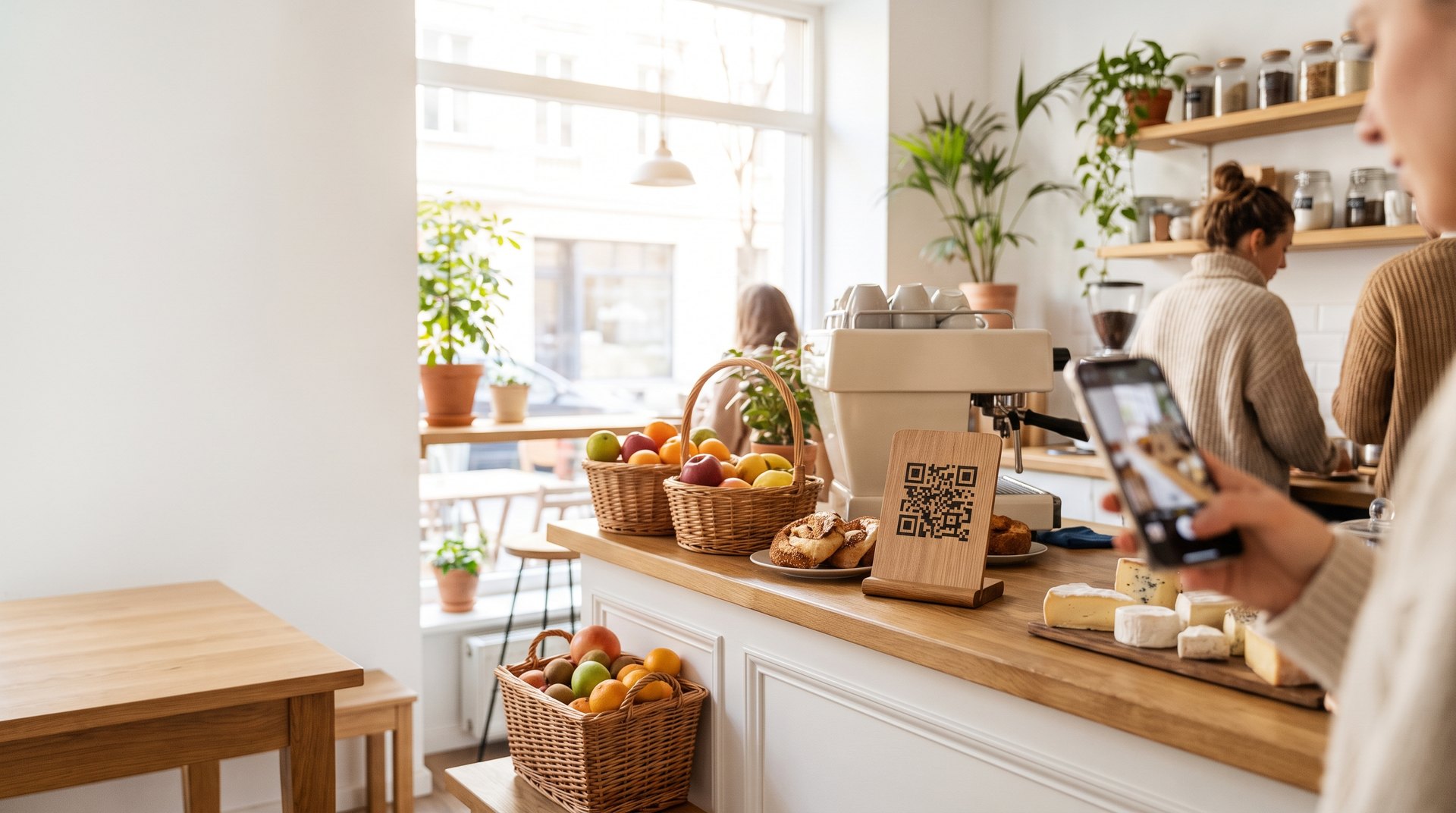 A bright local cafe-deli counter with a QR code stand and a customer holding a phone