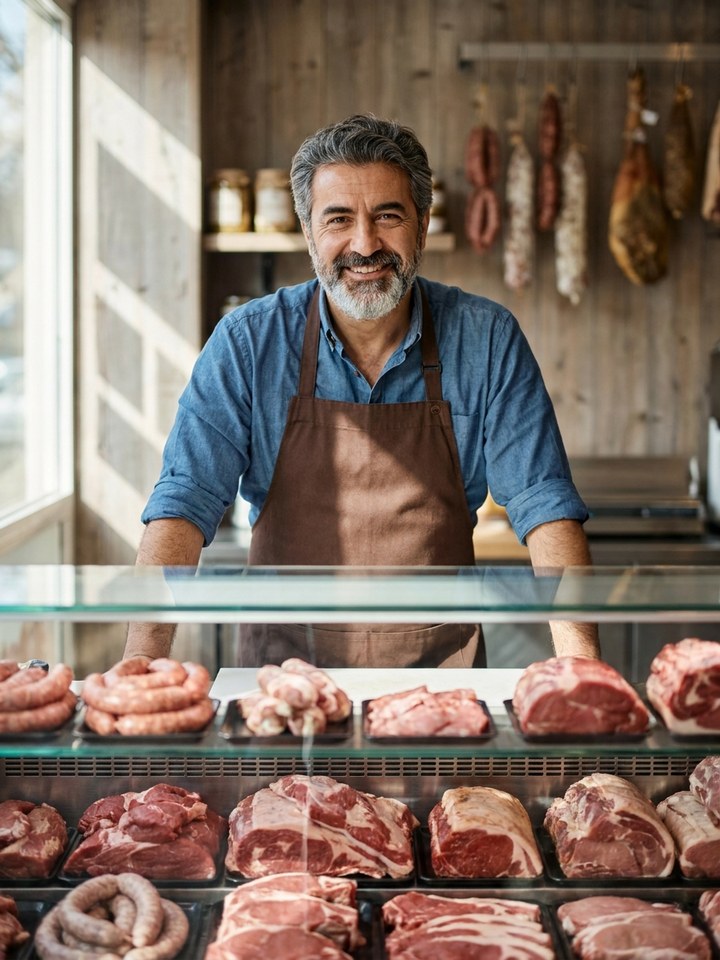 Local butcher behind a fresh display case