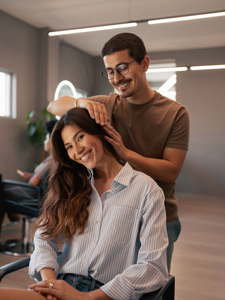 Salon stylist with a client